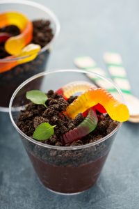 Children chocolate dessert in a cup dirt and worms